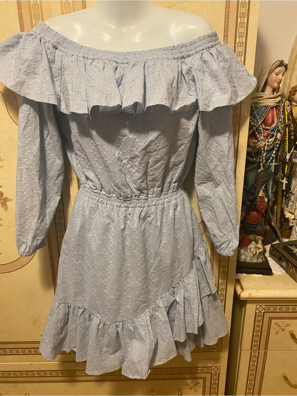 Michael Kors Light Blue One-Shoulder Eyelet Ruffle Dress